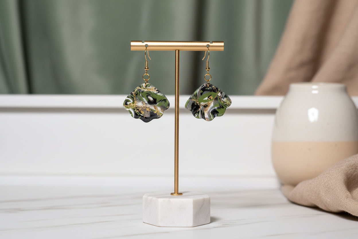 Green Black Gold Shell Inspired Earrings