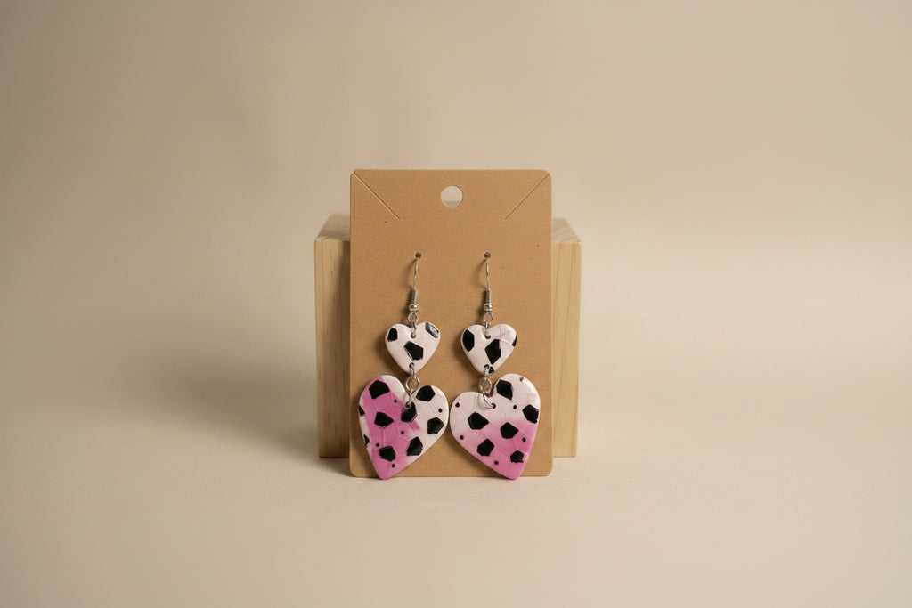 Pink Cow Print Double Heart Dangle Earrings
