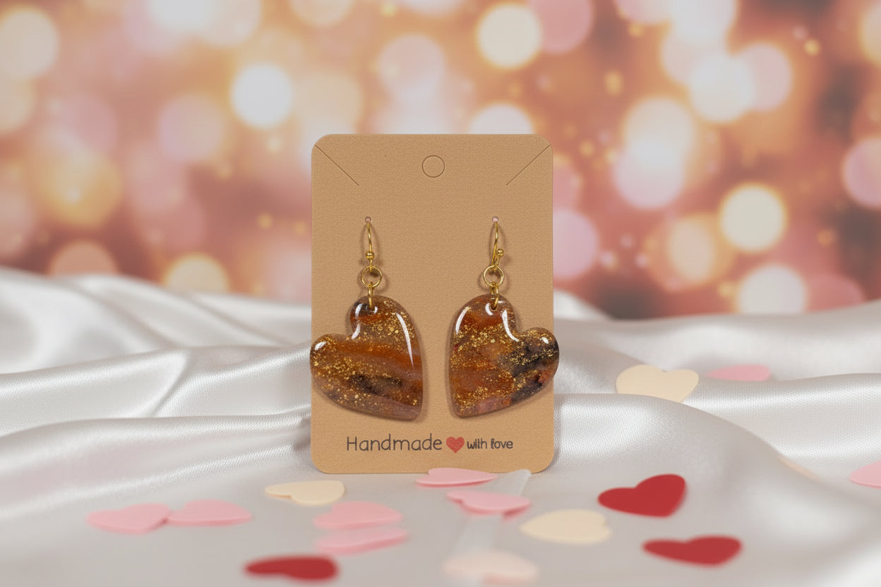 Sparkle Heart Earrings - Orange Marble