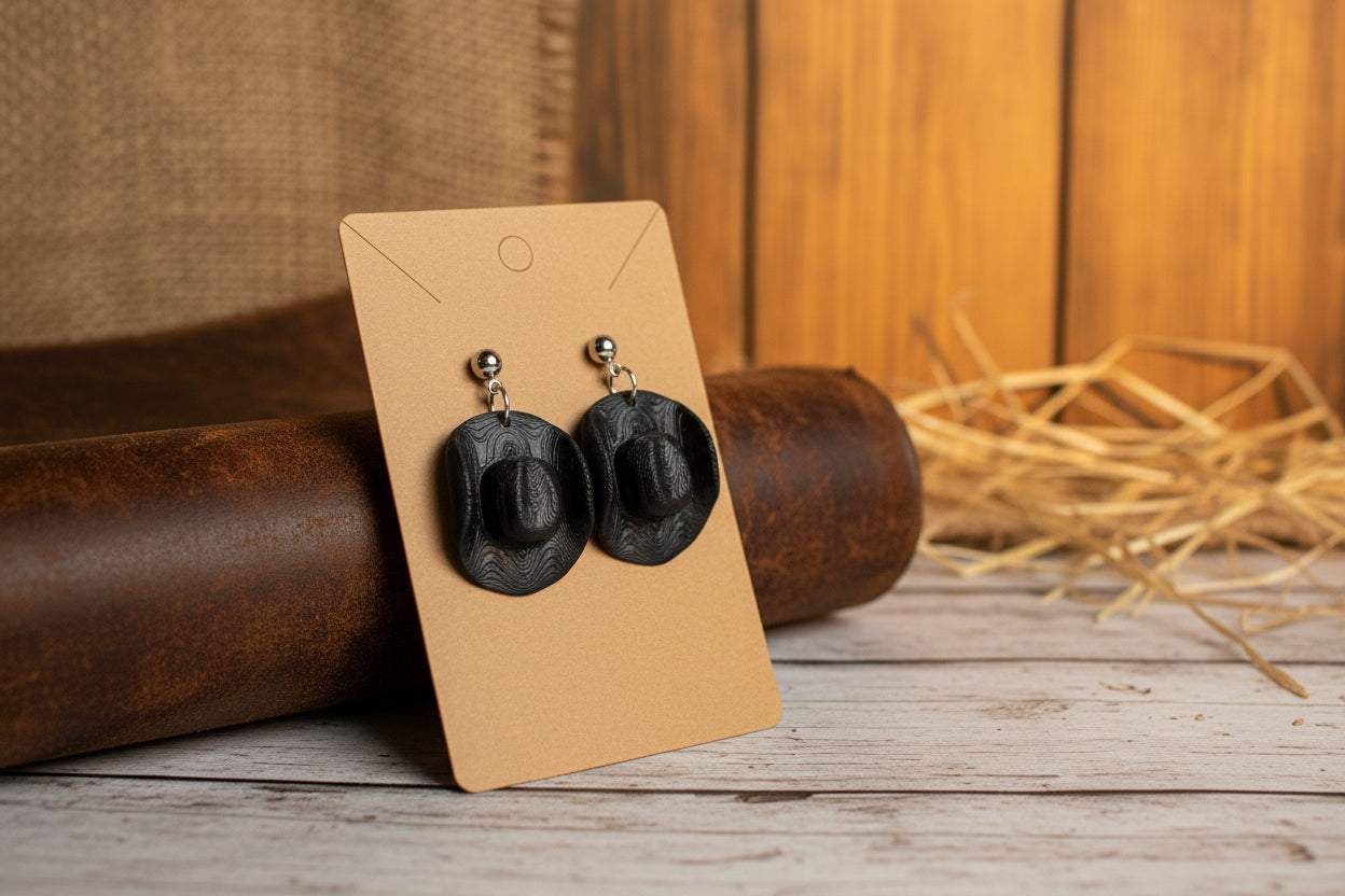 Black Cowboy Hat Earrings – 3D Printed