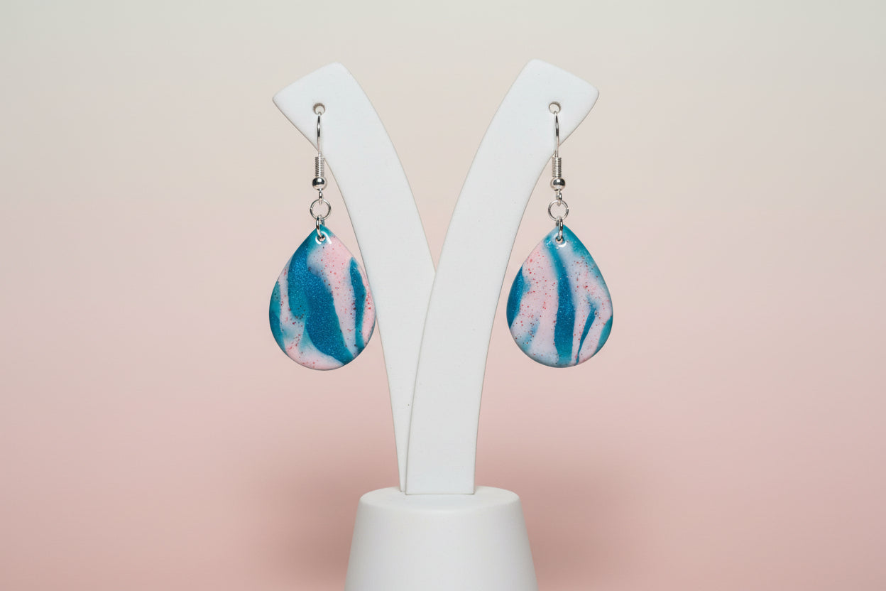 Blue Pink Marble Teardrop Dangle Earrings