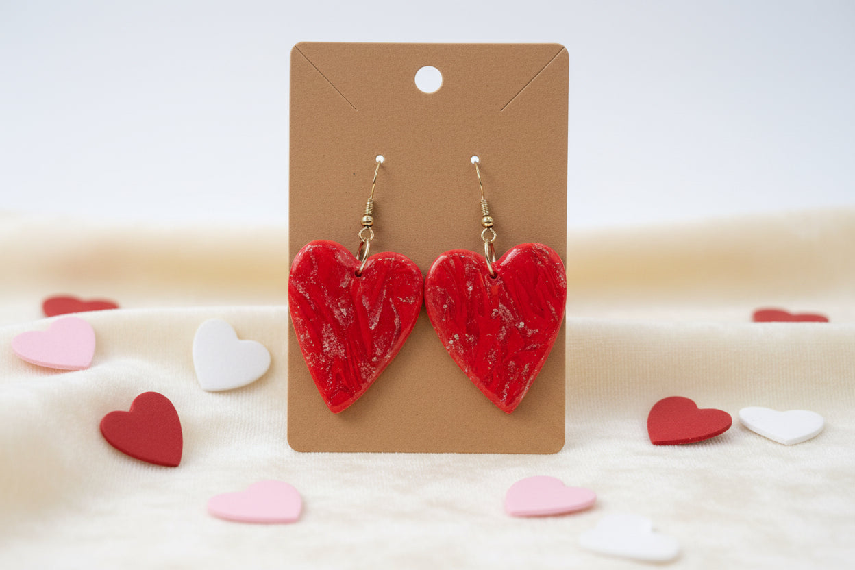 Sparkle Heart Earrings - Red