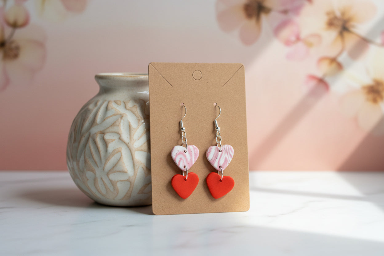 Pink Marble Double Heart Dangle Earrings
