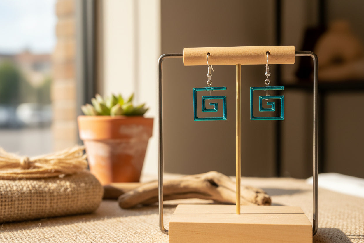 Greek Key Square Spiral Earrings – 3D Printed