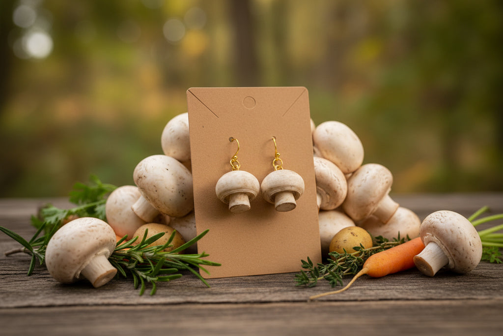 White Button Mushroom Drop Earrings – 3D Printed