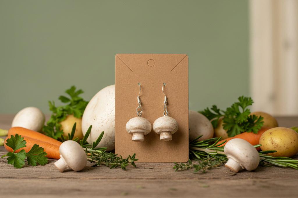 White Button Mushroom Drop Earrings – 3D Printed