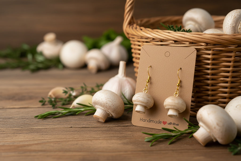 White Button Mushroom Drop Earrings – 3D Printed