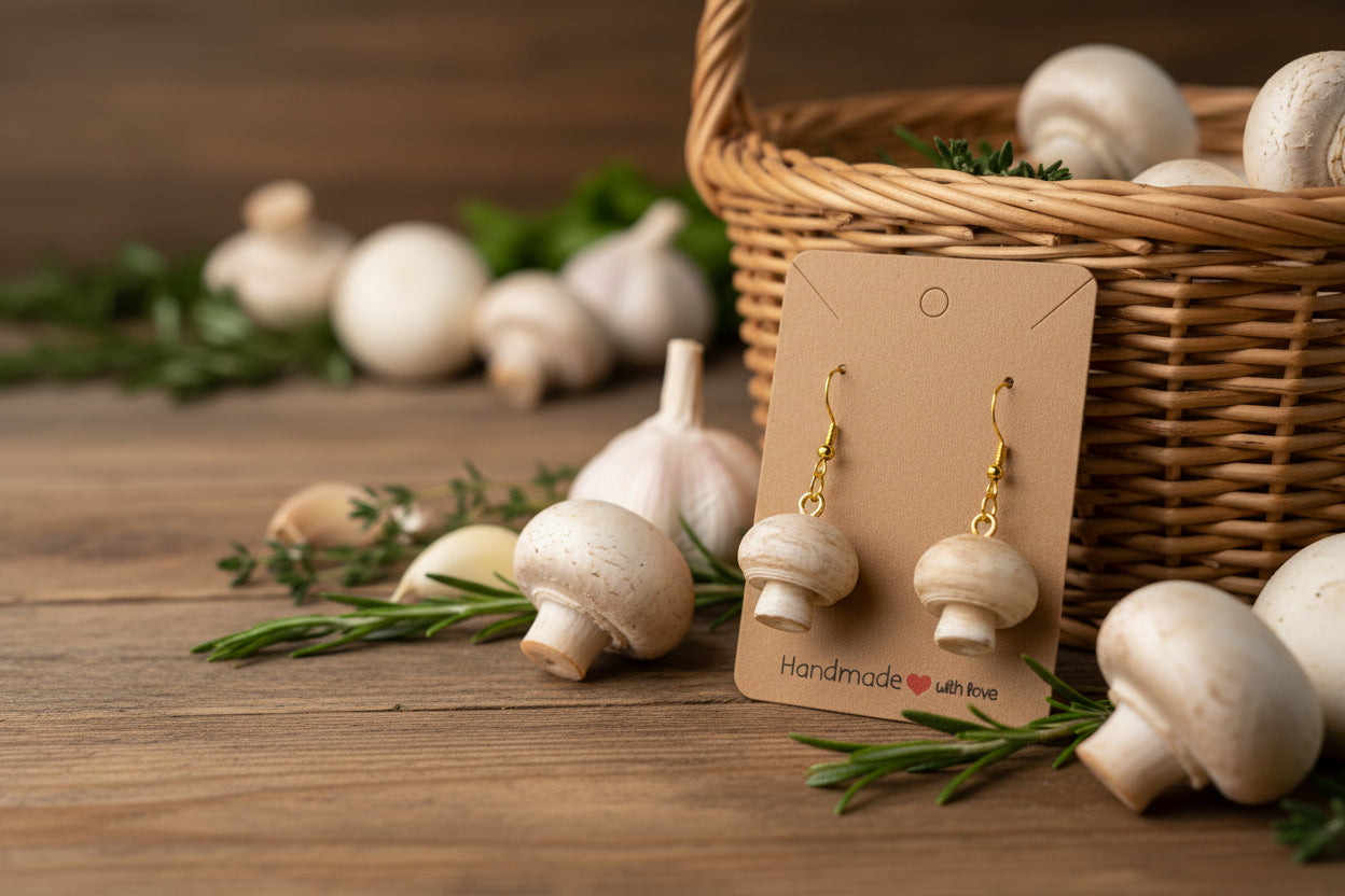 White Button Mushroom Drop Earrings – 3D Printed
