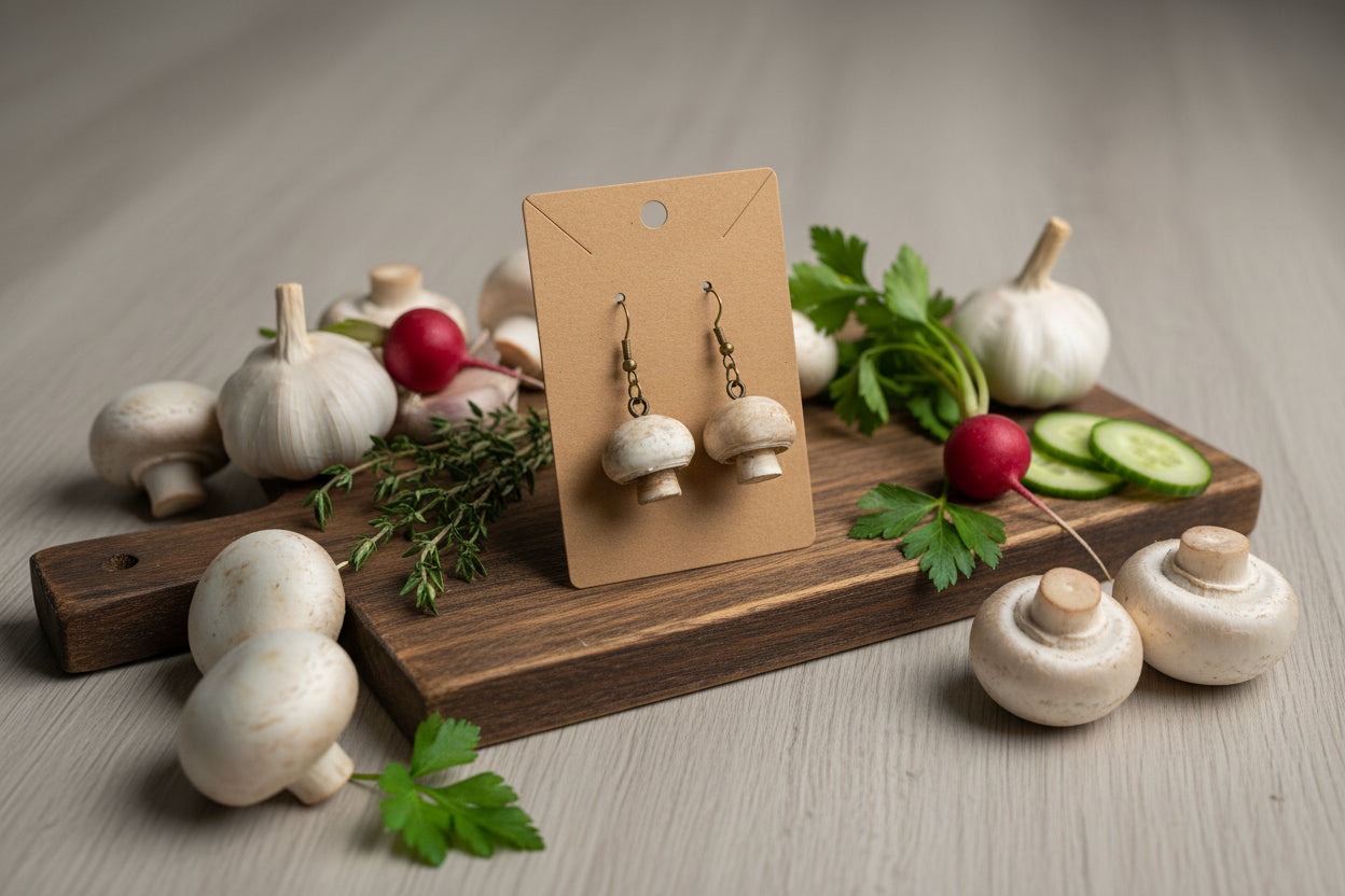 White Button Mushroom Drop Earrings – 3D Printed