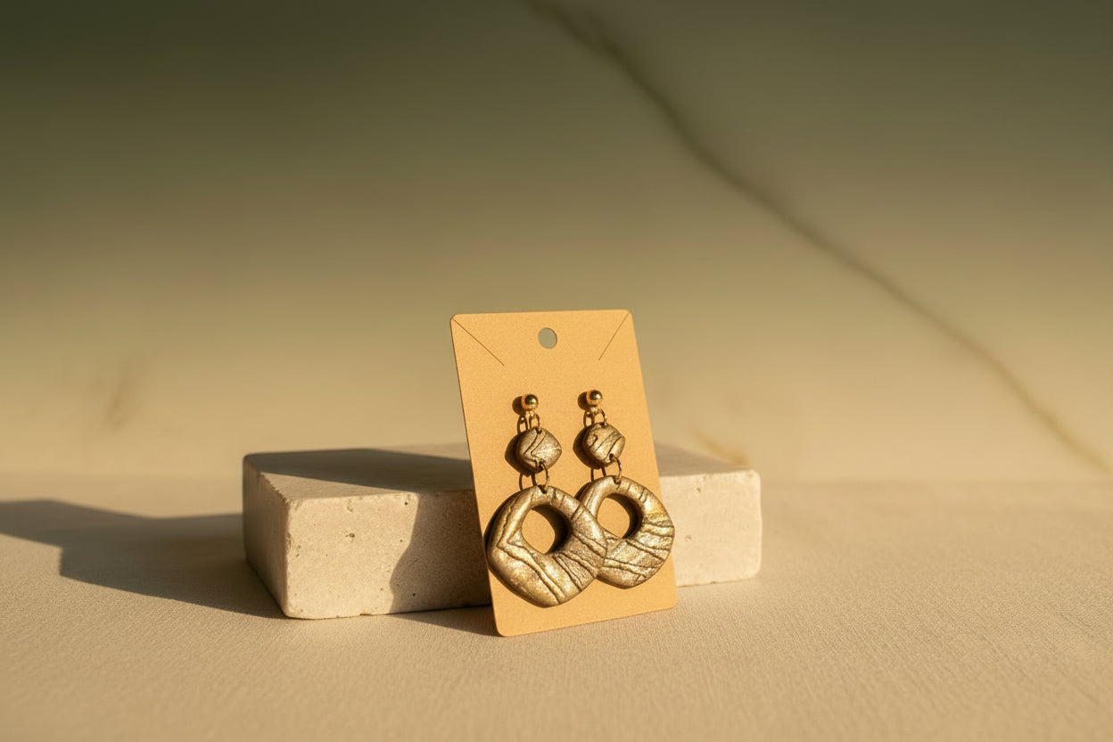 Gold Textured Open Ring Drop Earrings – Polymer Clay