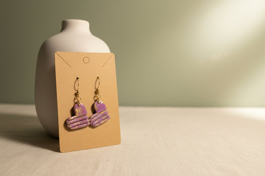 Lavender & Gold Foil Macaron Drop Earrings – Polymer Clay