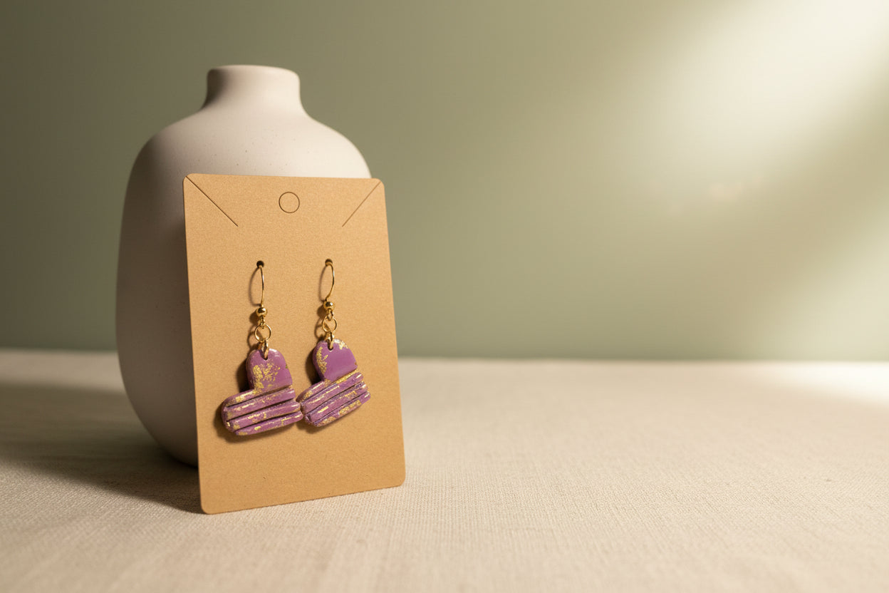 Lavender & Gold Foil Macaron Drop Earrings – Polymer Clay