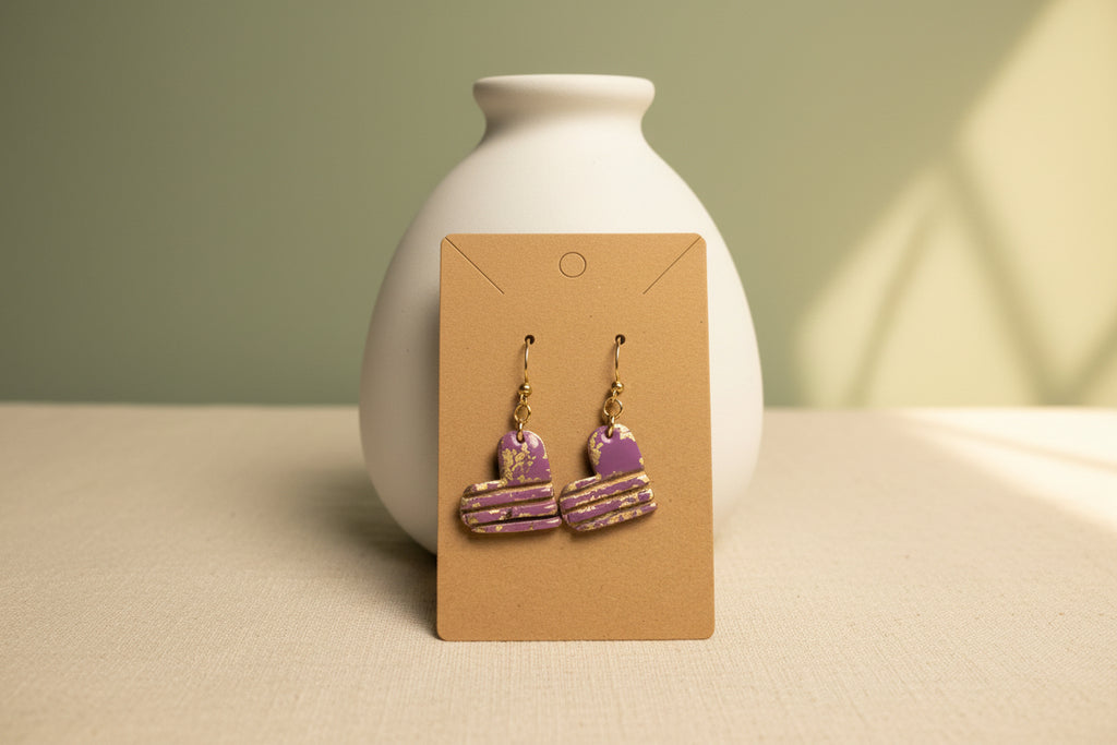 Lavender & Gold Foil Macaron Drop Earrings – Polymer Clay