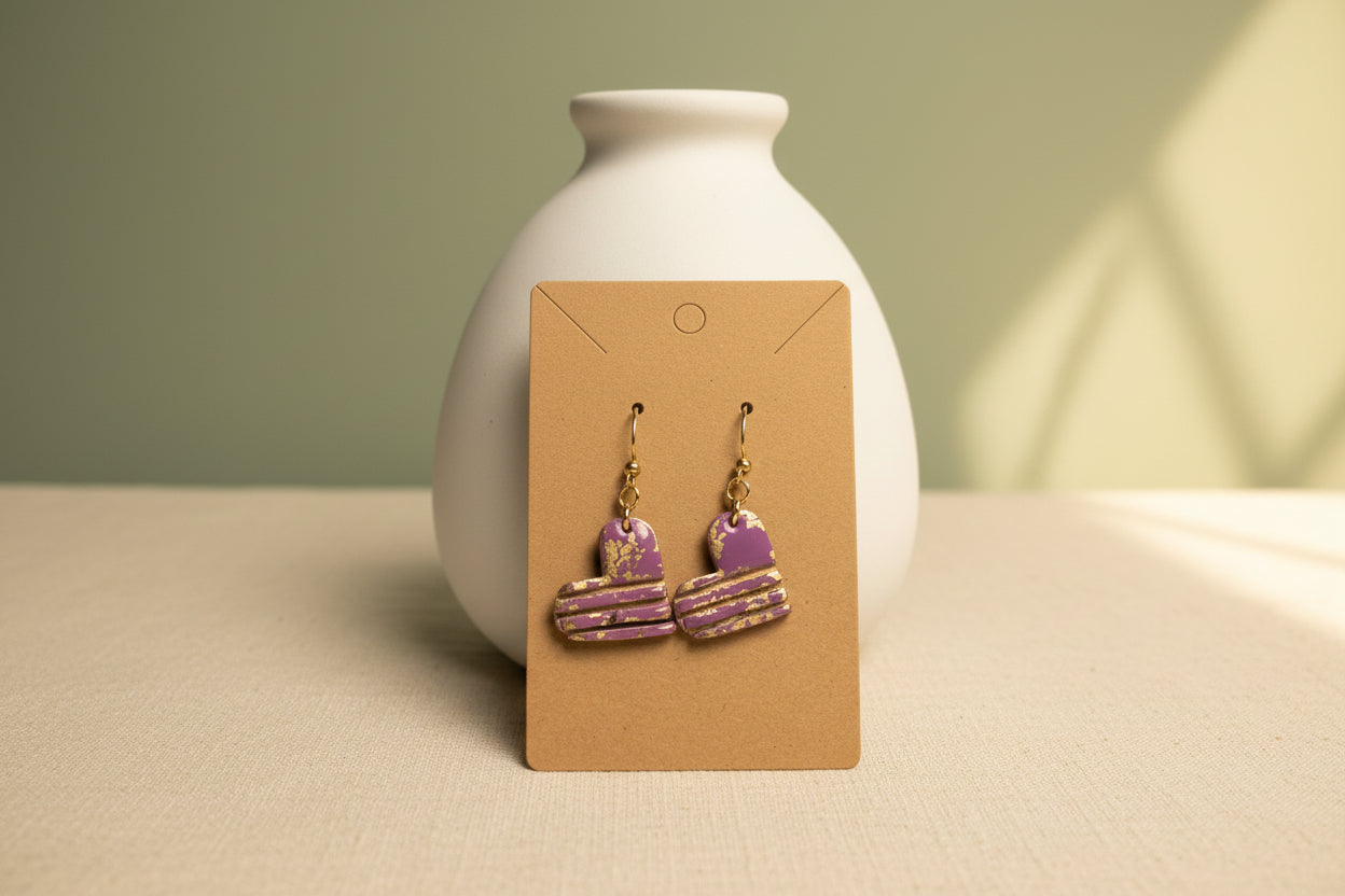 Lavender & Gold Foil Macaron Drop Earrings – Polymer Clay