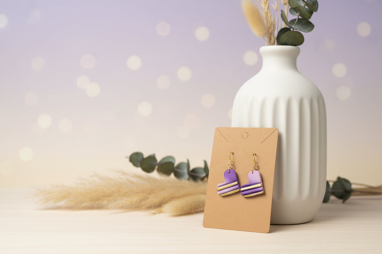 Lavender & Gold Foil Macaron Drop Earrings – Polymer Clay