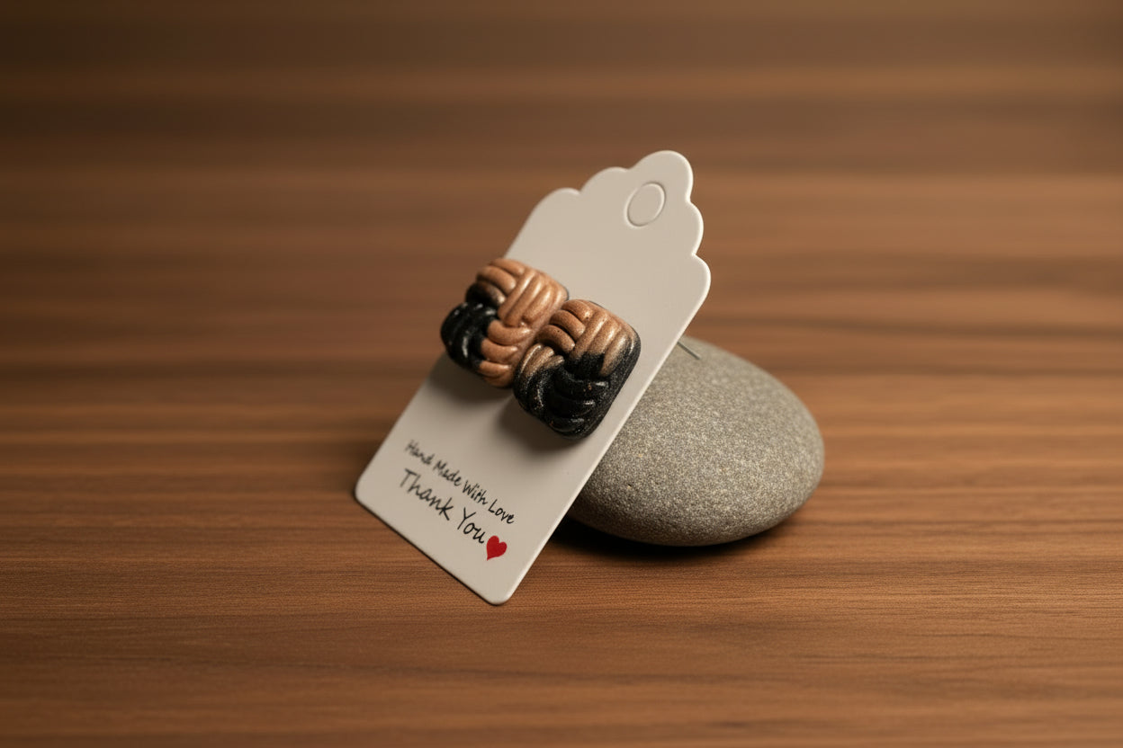 Woven Knot Polymer Clay Stud Earrings – Tan & Black