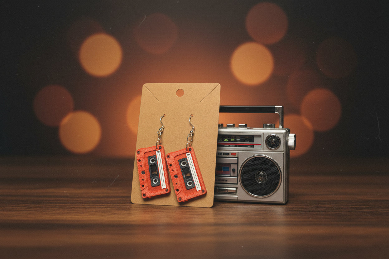 Red retro cassette tape earrings on display card next to a vintage boombox