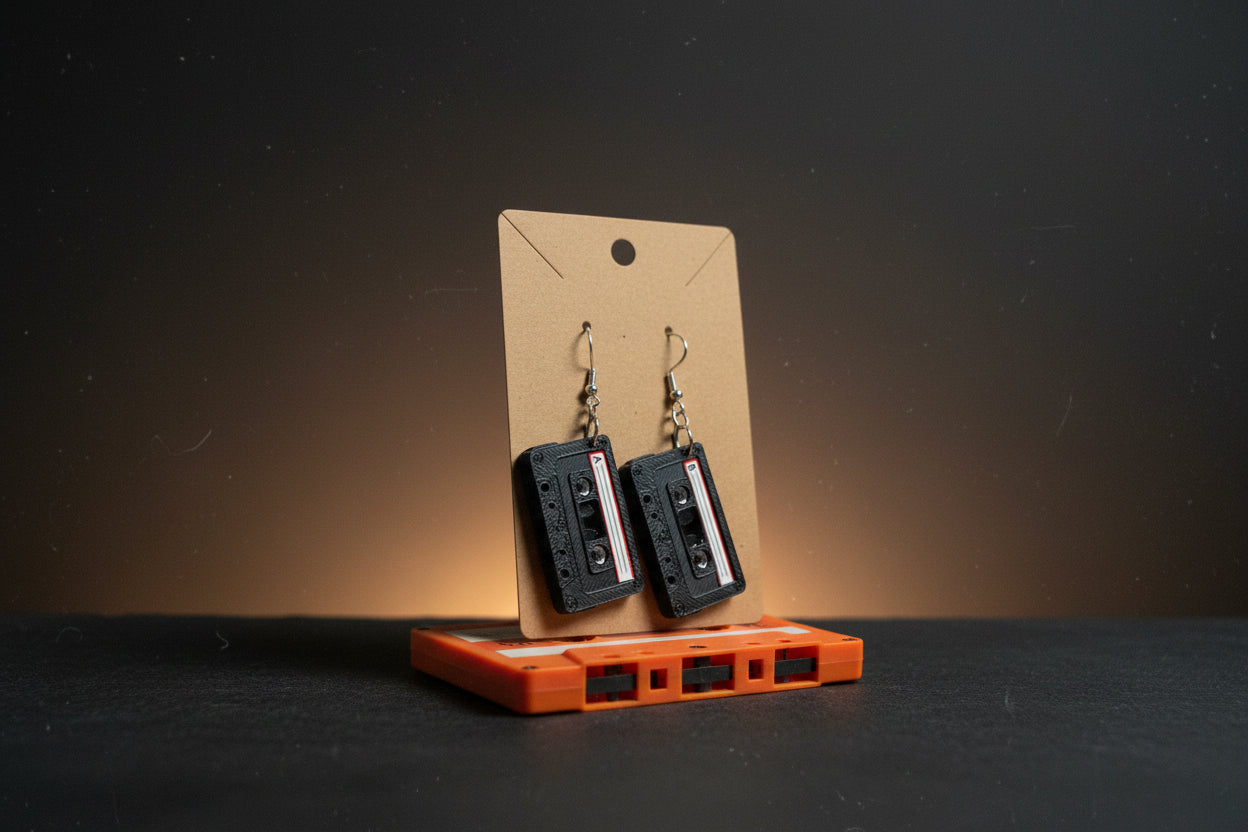 Black retro cassette tape earrings on display card resting on an orange cassette tape