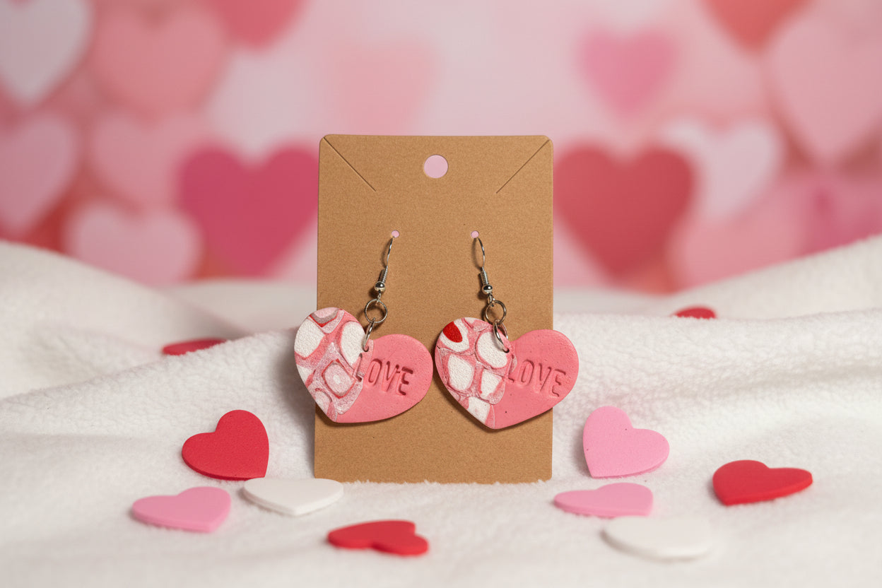 Pink Love printed heart earrings