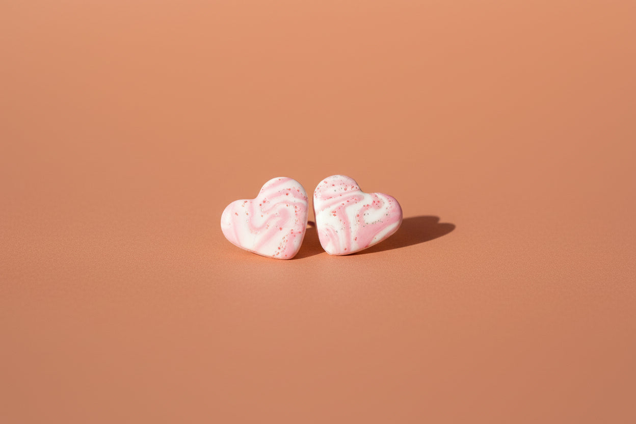 Pink Marble Heart Stud Earrings