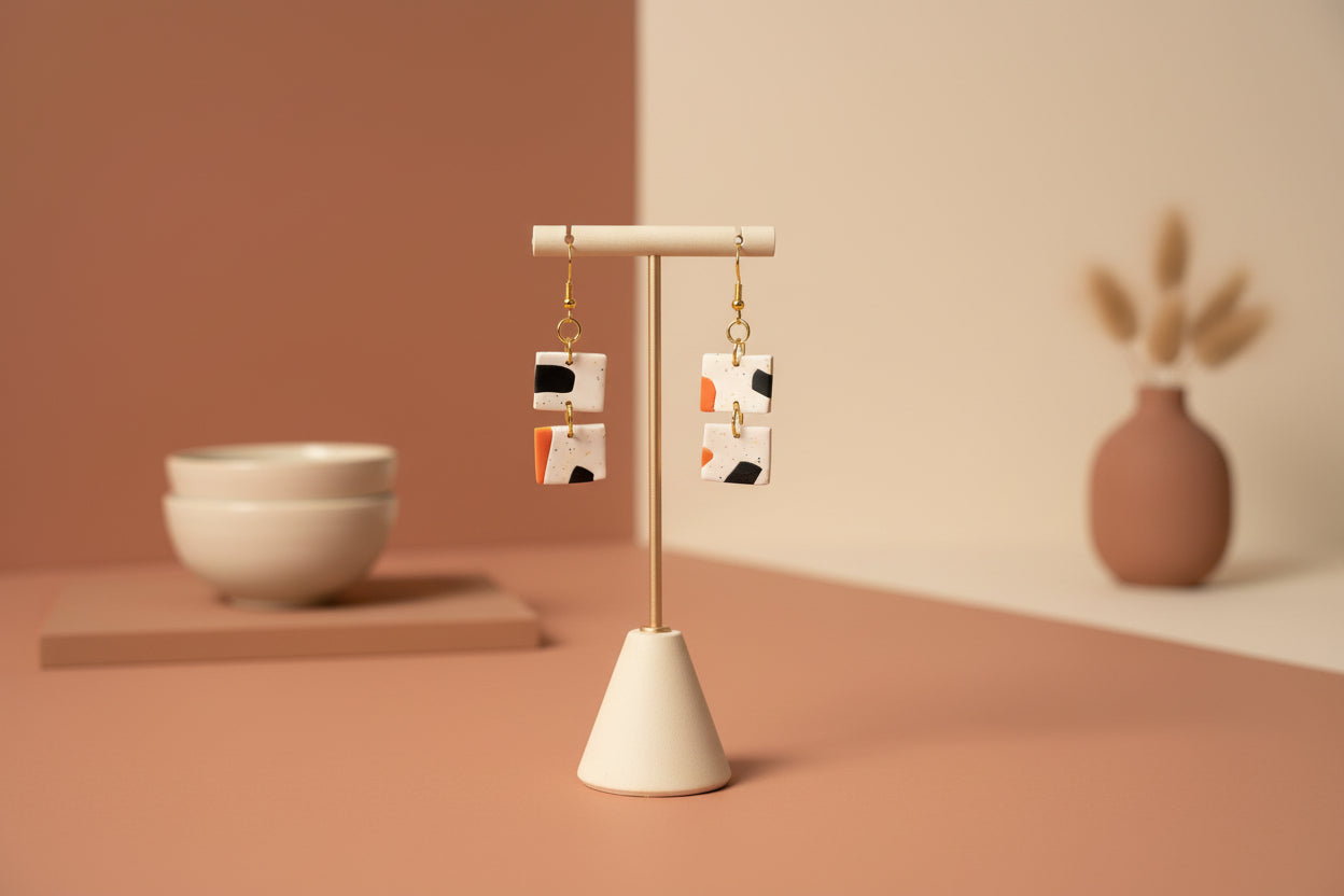 Abstract Orange & Black Clay Earrings