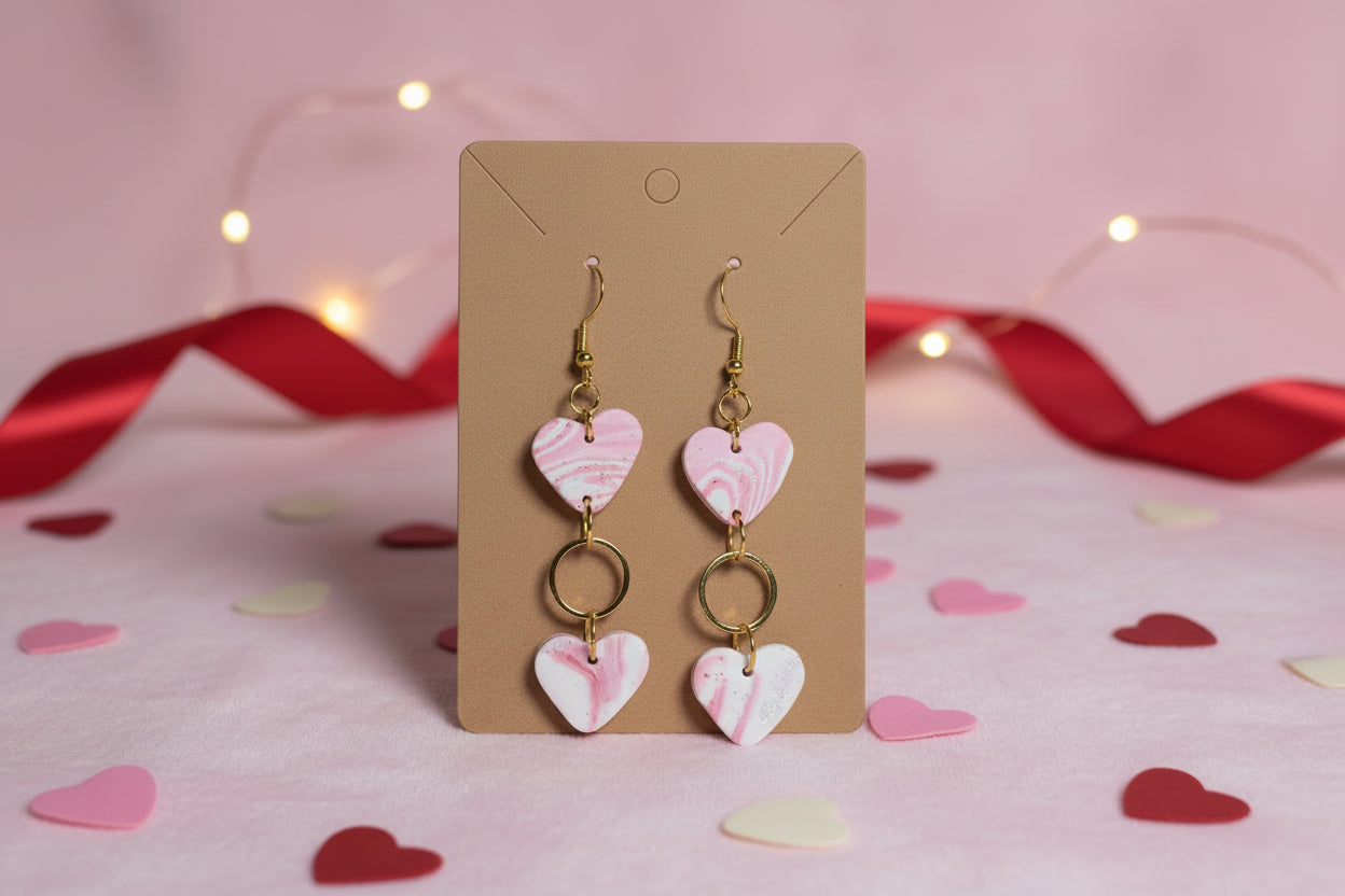 Triple hang Heart shaped Earring with pink marbled design