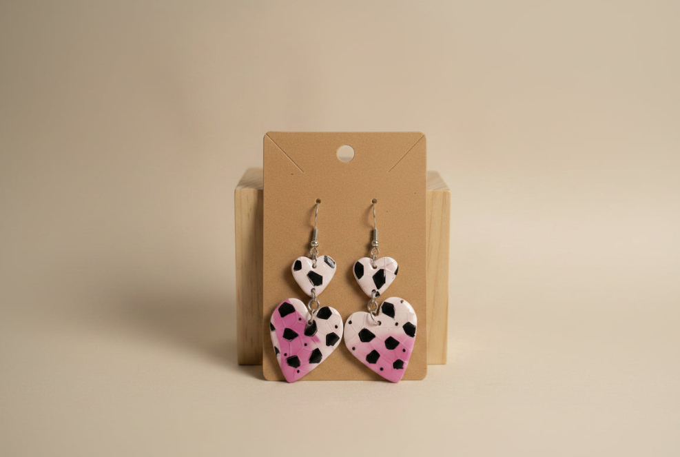 Pink Cow Print Double Heart Dangle Earrings