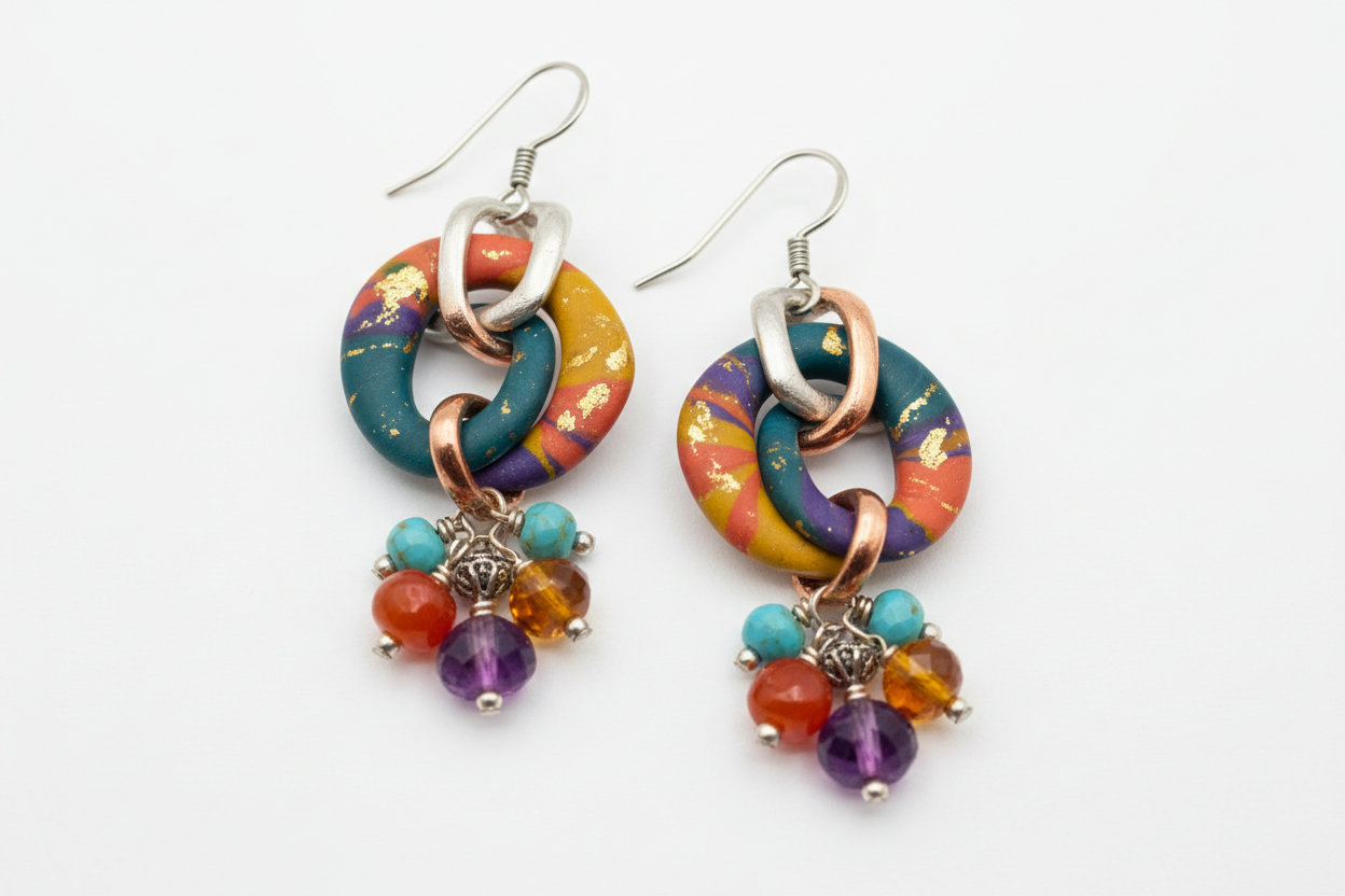 Metal earring with beads and Polymer Clay